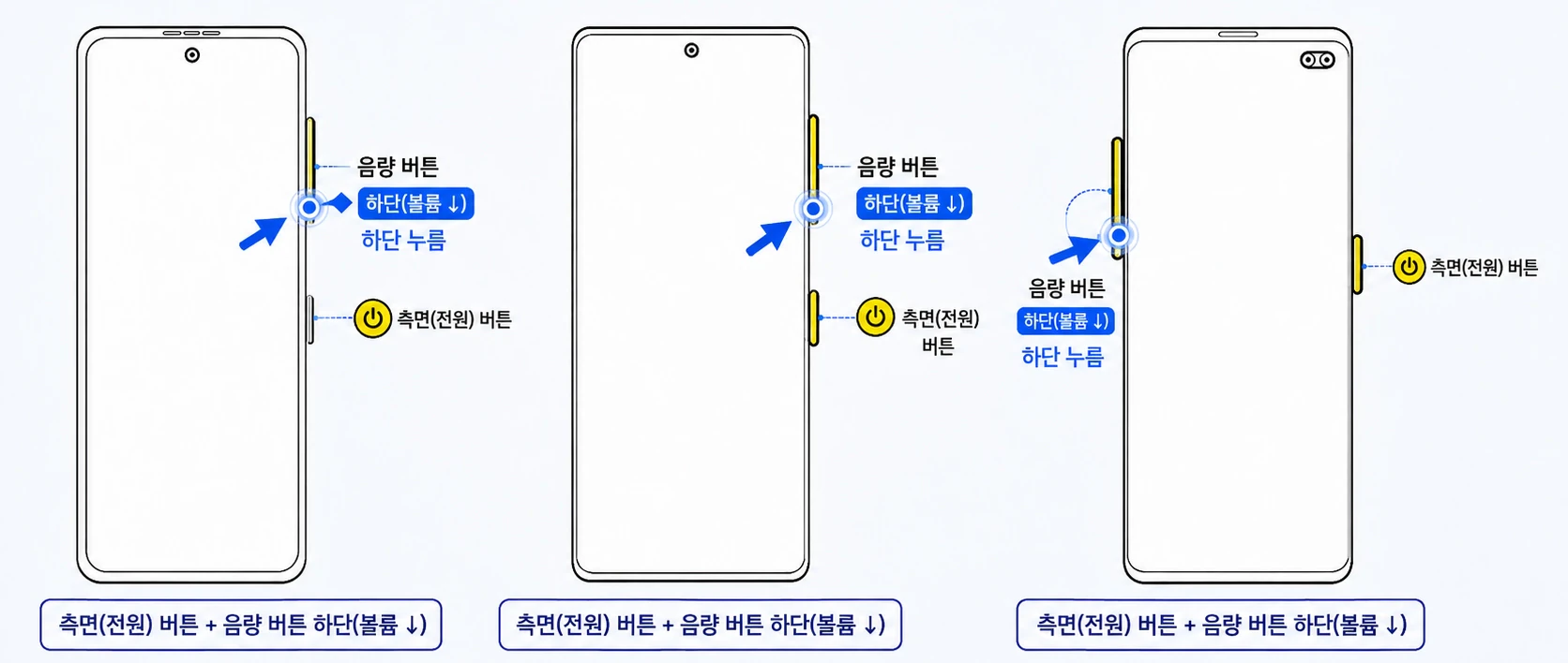 갤럭시 우측 측면 버튼과 음량 낮추기 버튼을 길게 눌러 전원 메뉴의 ‘다시 시작’을 선택하는 모습