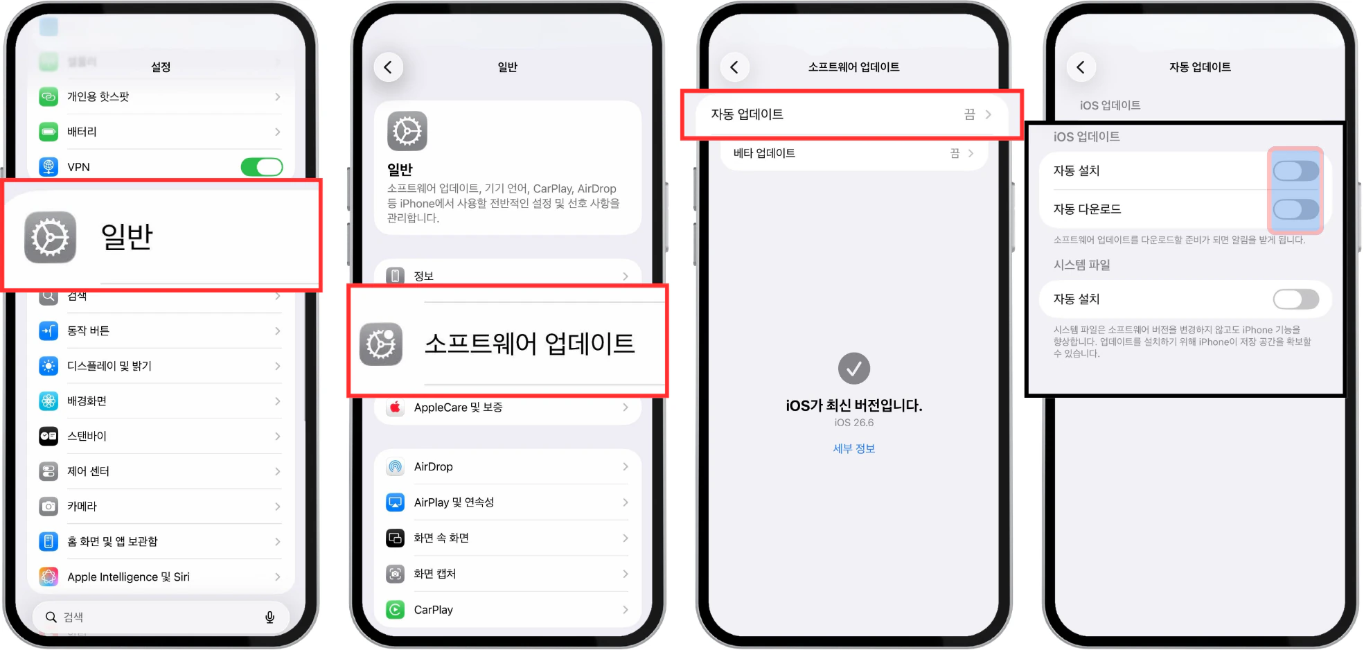 아이폰 소프트웨어 업데이트 화면의 ‘자동 업데이트’에서 ‘자동 다운로드’와 ‘자동 설치’를 켜는 화면